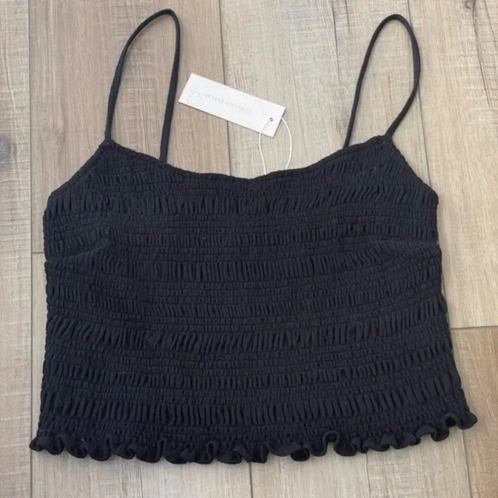 NWT REBECCA TAYLOR Black Smocked Tank Crinkle Crop Top Size Medium Cami - Picture 3 of 9